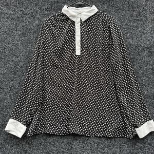 Free People Black White Horse Print Long Sleeve Collared Blouse~Relax Fit~Large